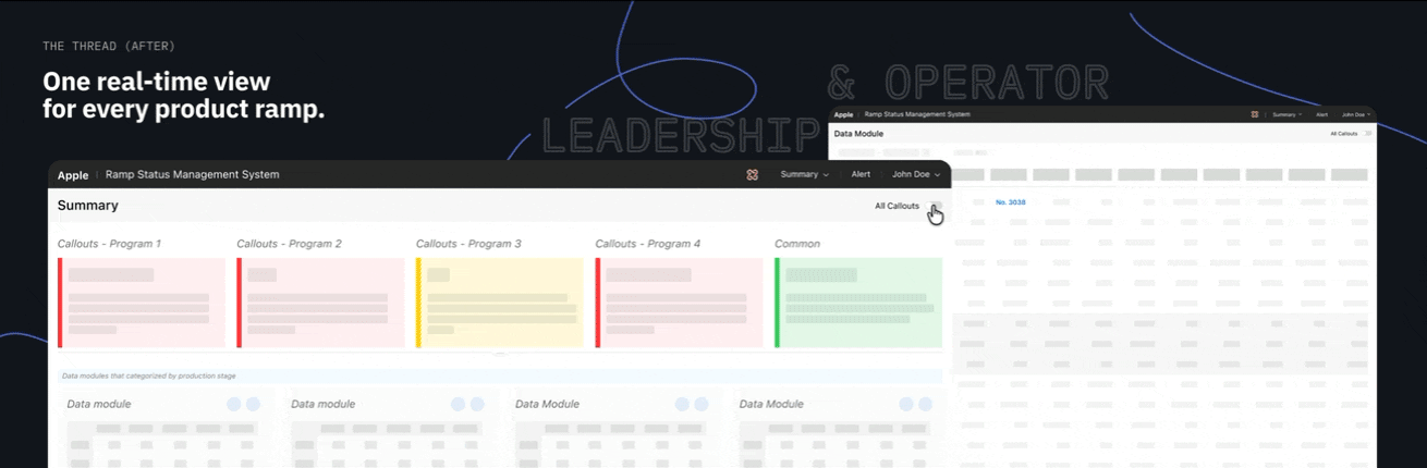 Ramp Status Management System — the Summary view and a data module, connecting leadership and operators